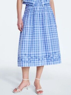 Free Assembly 100% Cotton Blue Plaid Long Skirt Embroidered Hem Size L